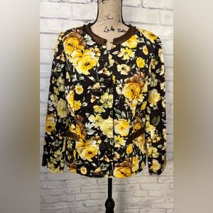 Susan Graver Large Yellow Brown Floral Blazer Satin Trim Career Wedding‎ Guest